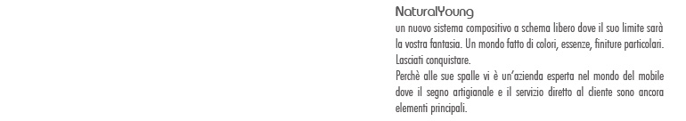 NaturalYoung: un nuovo sistema compositivo a schema libero dove il suo limite sarà la vostra fantasia. Un mondo fatto di colori, essenze, finiture particolari. Lasciati conquistare. Perché alle sue spalle vi è un’azienda esperta nel mondo del mobile dove il segno artigianale e il servizio diretto al cliente sono ancora elementi principali.